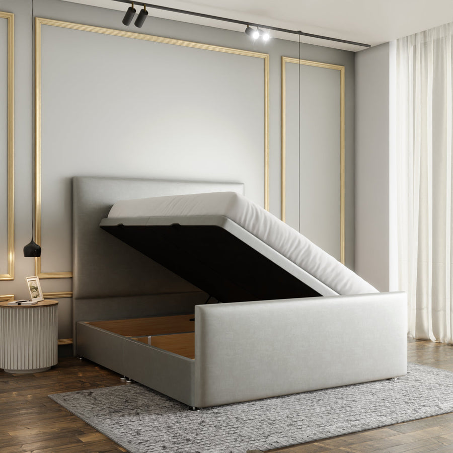 Maya Plain Ottoman Storage Divan Bed Set With Footboard - Silver Coniston
