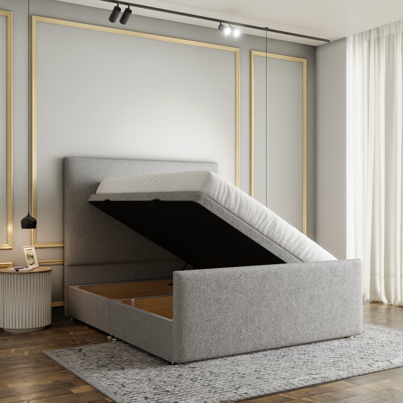 Maya Plain Ottoman Storage Divan Bed Set With Footboard - Silver Teddy
