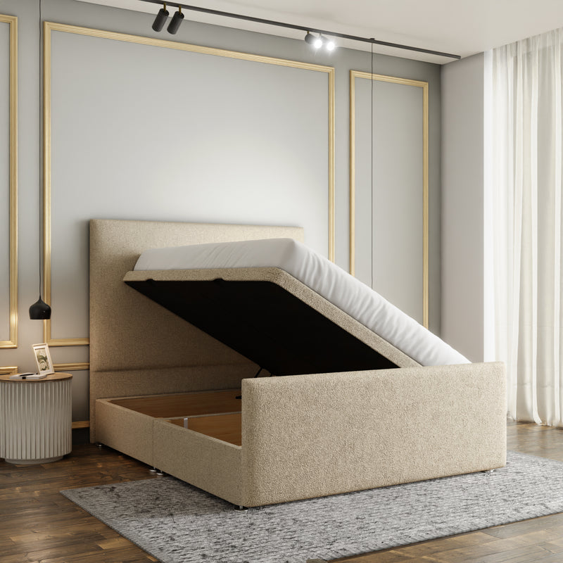 Maya Plain Ottoman Storage Divan Bed Set With Footboard - Cream Teddy