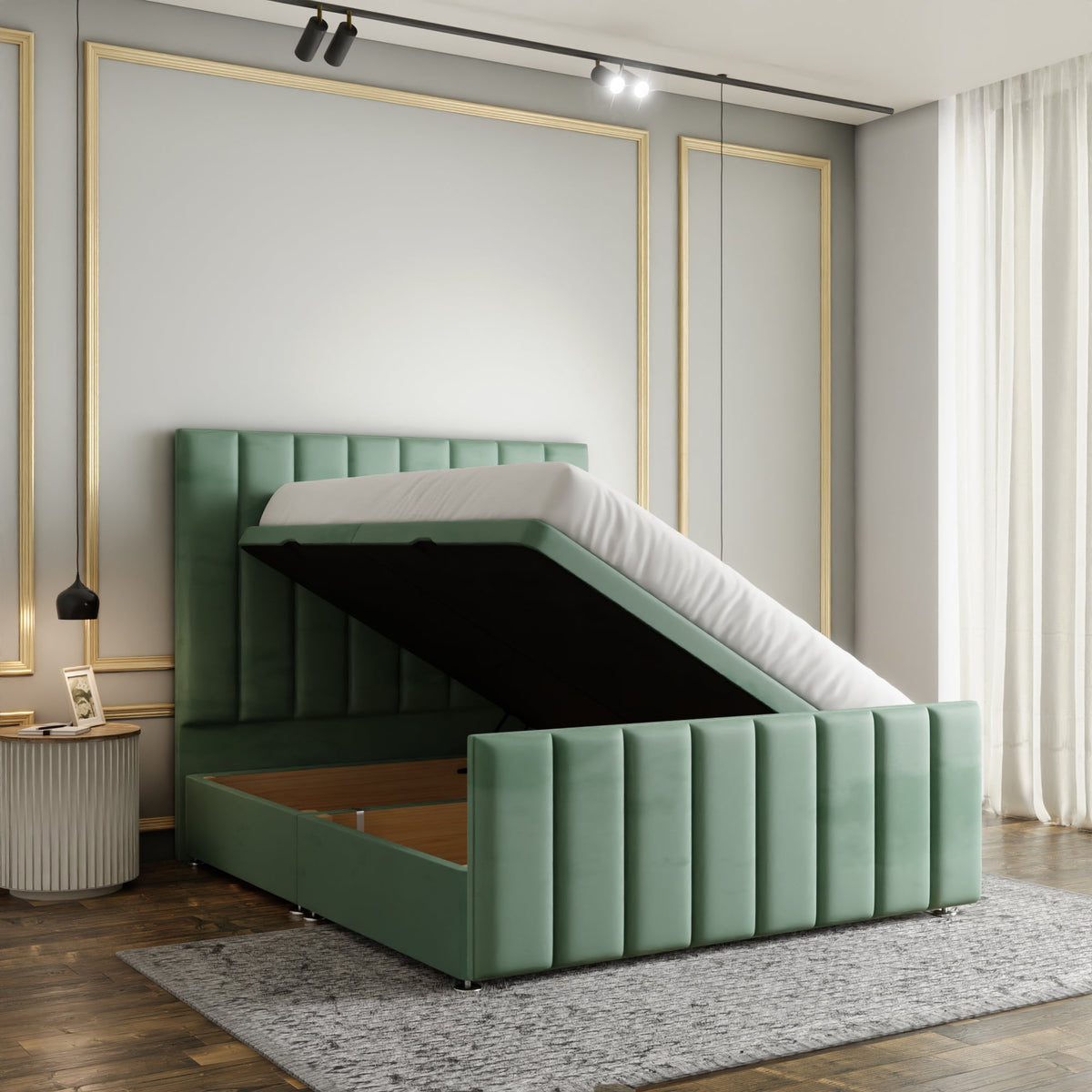 Amelia Lines Ottoman Storage Divan Bed Set With Footboard - Duck Egg Plush