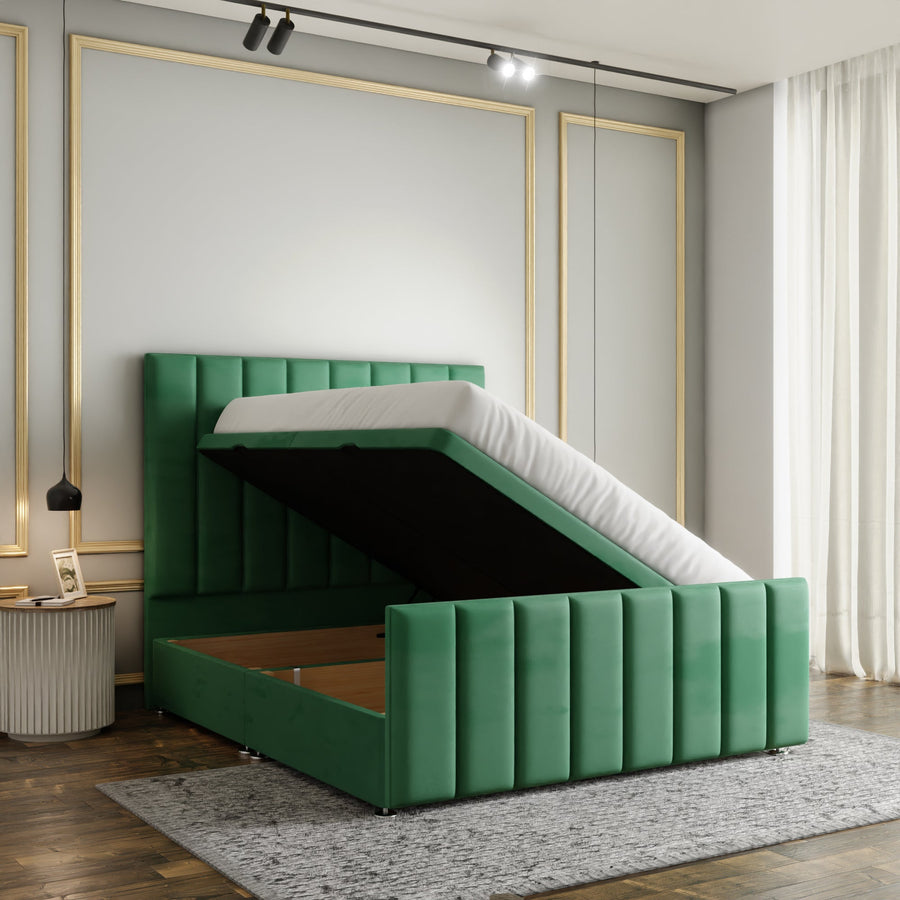 Amelia Lines Ottoman Storage Divan Bed Set With Footboard - Emerald Plush