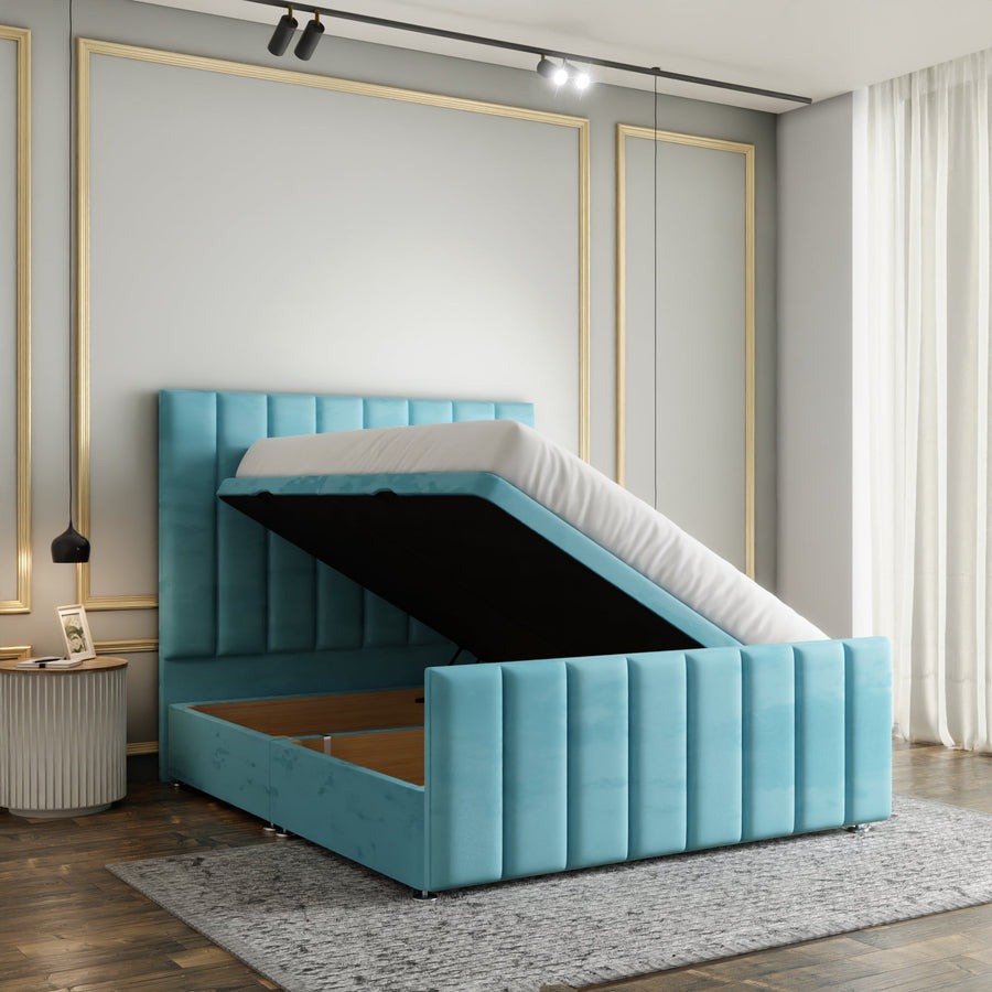 Amelia Lines Ottoman Storage Divan Bed Set With Footboard - Ice Blue Plush