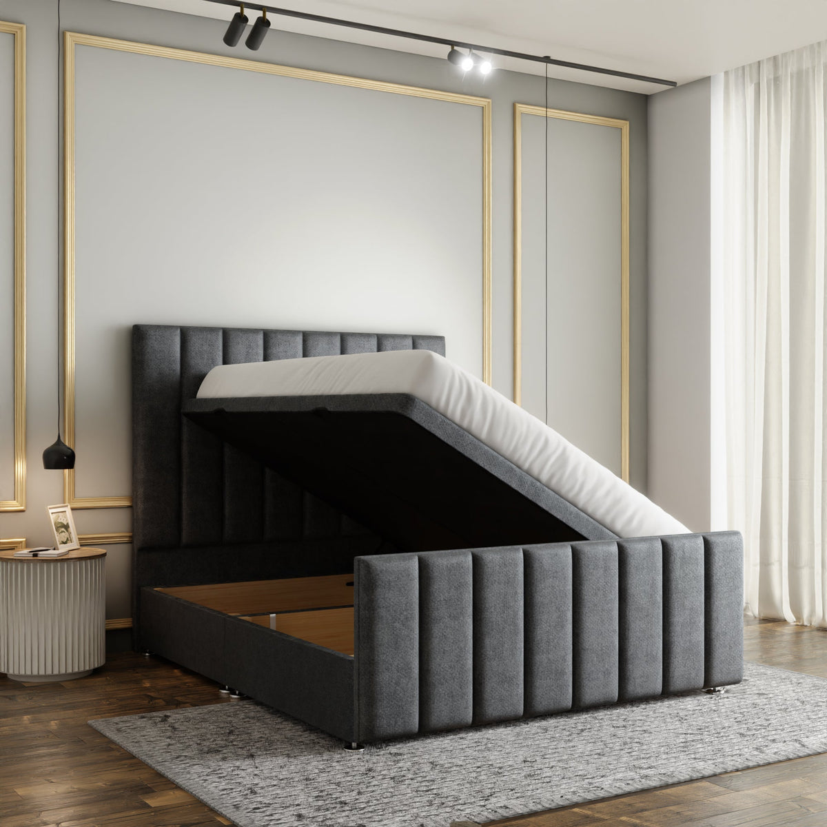 Amelia Lines Ottoman Storage Divan Bed Set With Footboard - Grey Naples