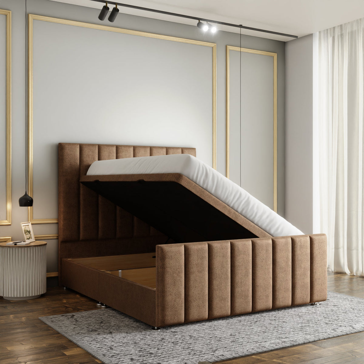 Amelia Lines Ottoman Storage Divan Bed Set With Footboard - Mink Beige Naples