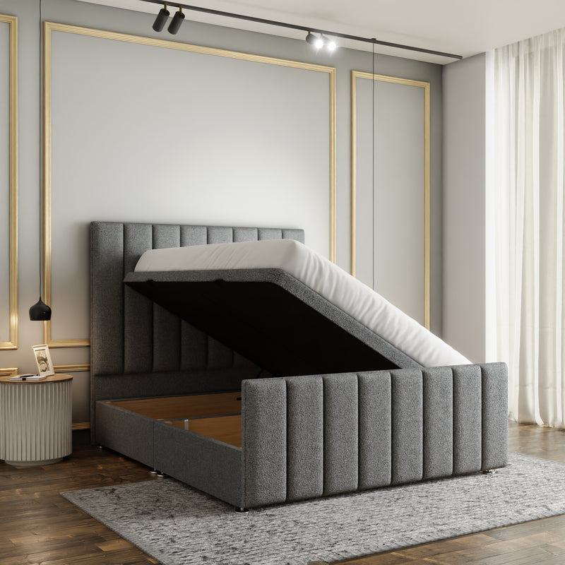 Amelia Lines Ottoman Storage Divan Bed Set With Footboard - Grey Teddy