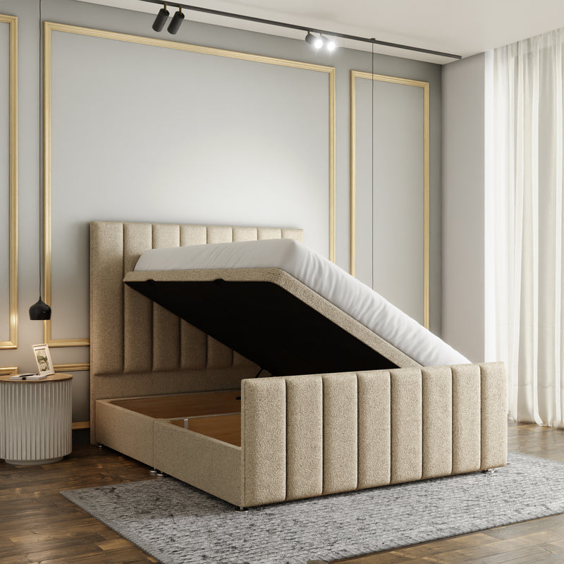 Amelia Lines Ottoman Storage Divan Bed Set With Footboard - Cream Teddy