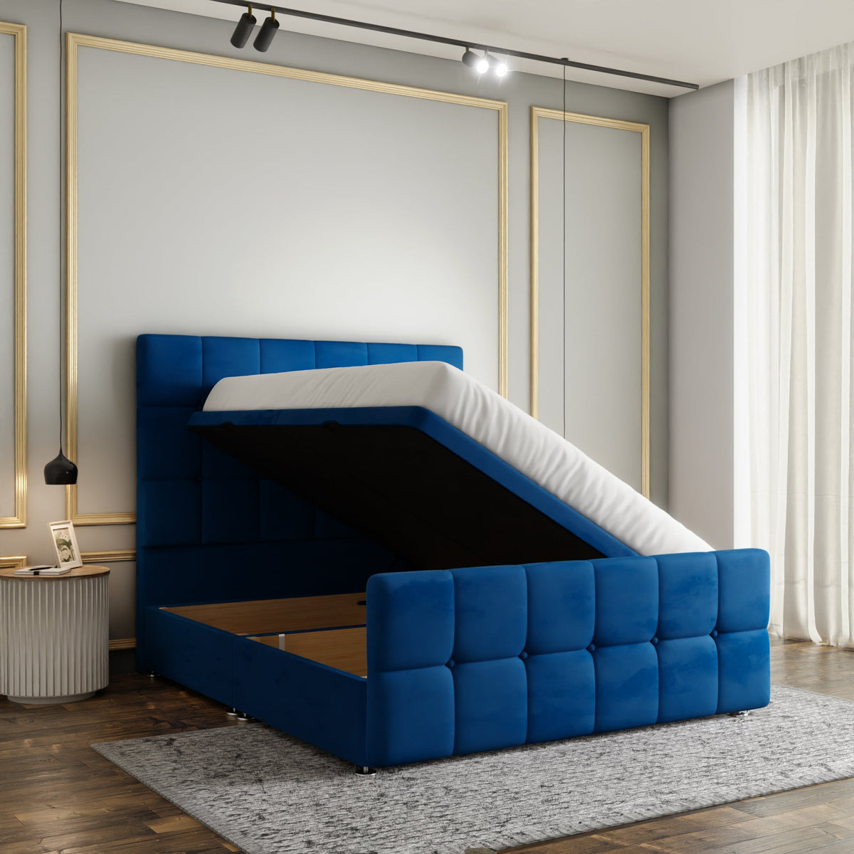 Ayra Cube Ottoman Storage Divan Bed Set With Footboard - Blue Plush