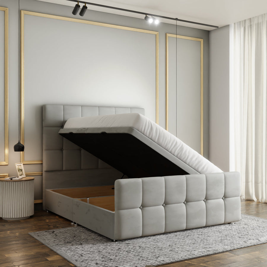 Ayra Cube Ottoman Storage Divan Bed Set With Footboard - Silver Plush
