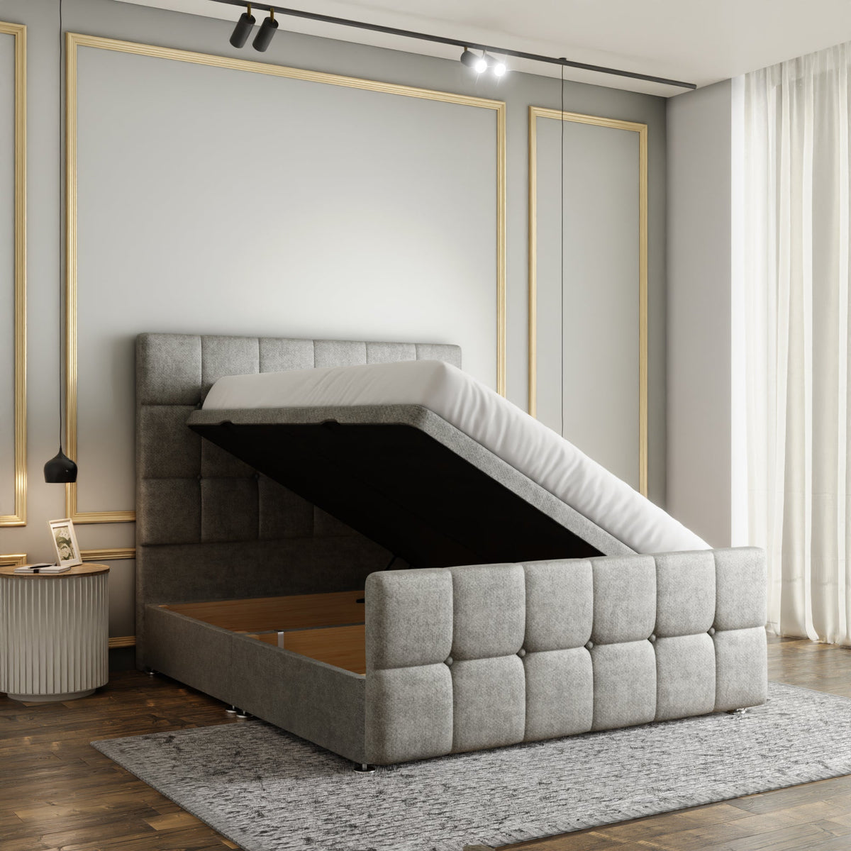 Ayra Cube Ottoman Storage Divan Bed Set With Footboard - Silver Naples
