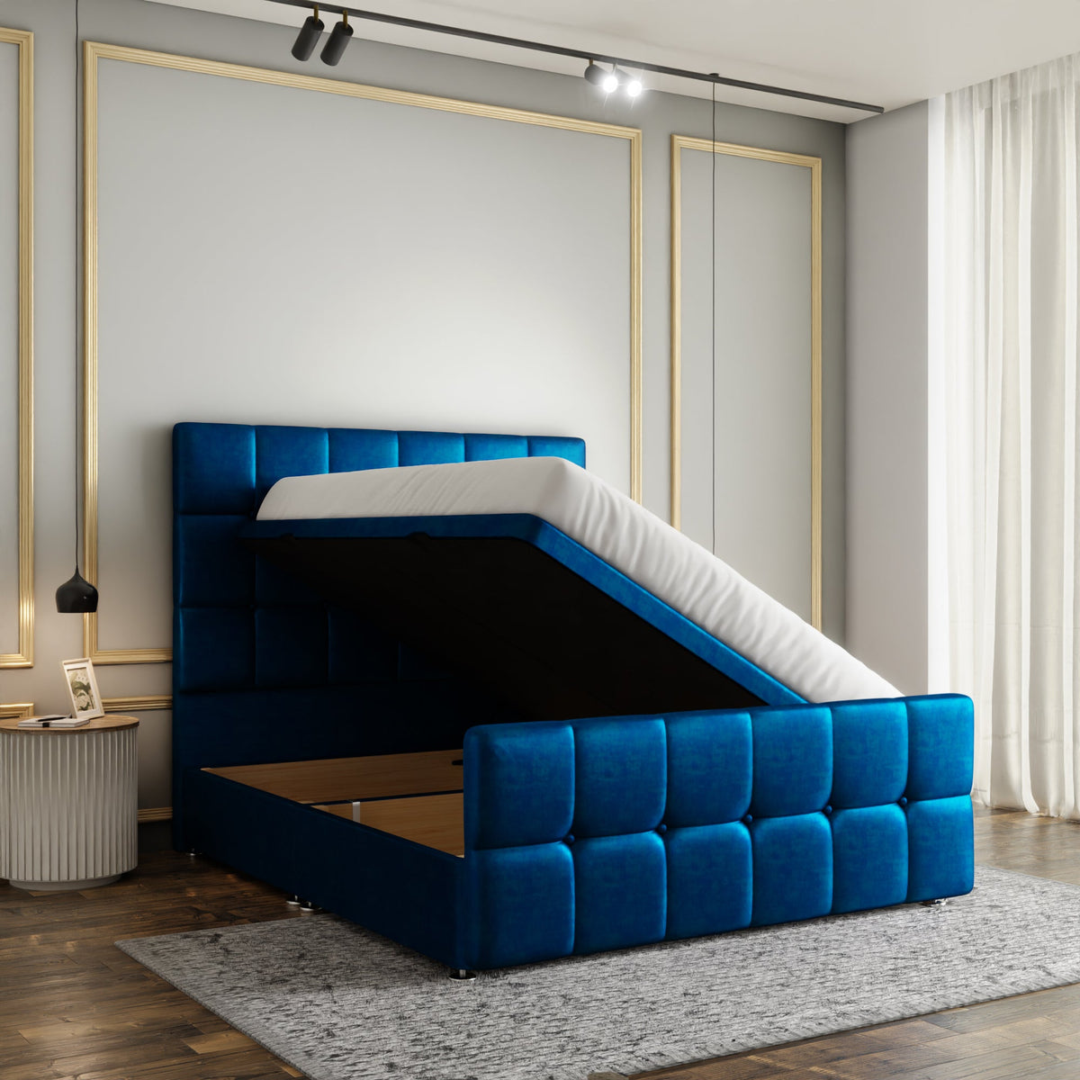Ayra Cube Ottoman Storage Divan Bed Set With Footboard - Blue Coniston
