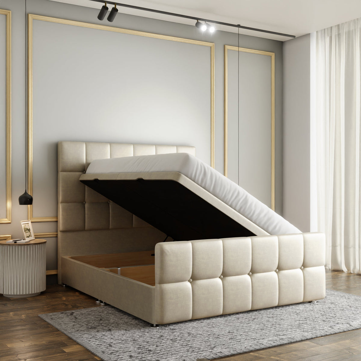 Ayra Cube Ottoman Storage Divan Bed Set With Footboard - Cream Coniston