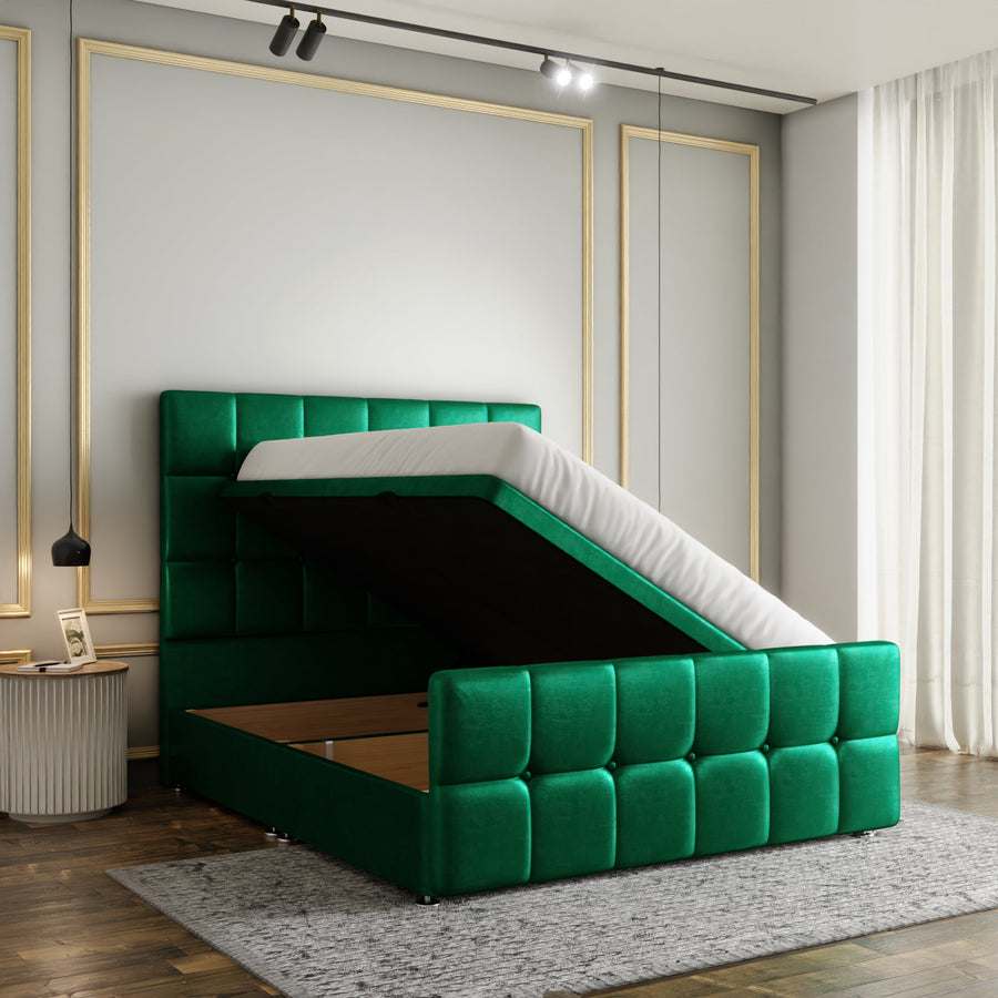 Ayra Cube Ottoman Storage Divan Bed Set With Footboard - Emerald Coniston