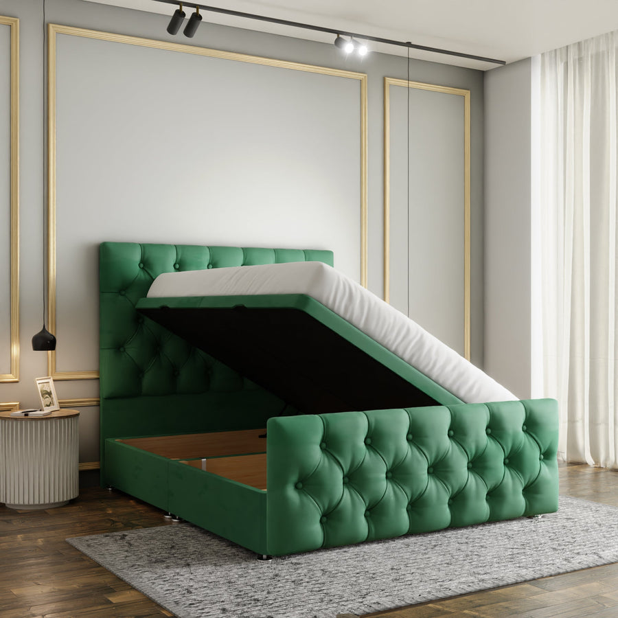 Lara Chesterfield Ottoman Storage Divan Bed Set With Footboard - Emerald Plush