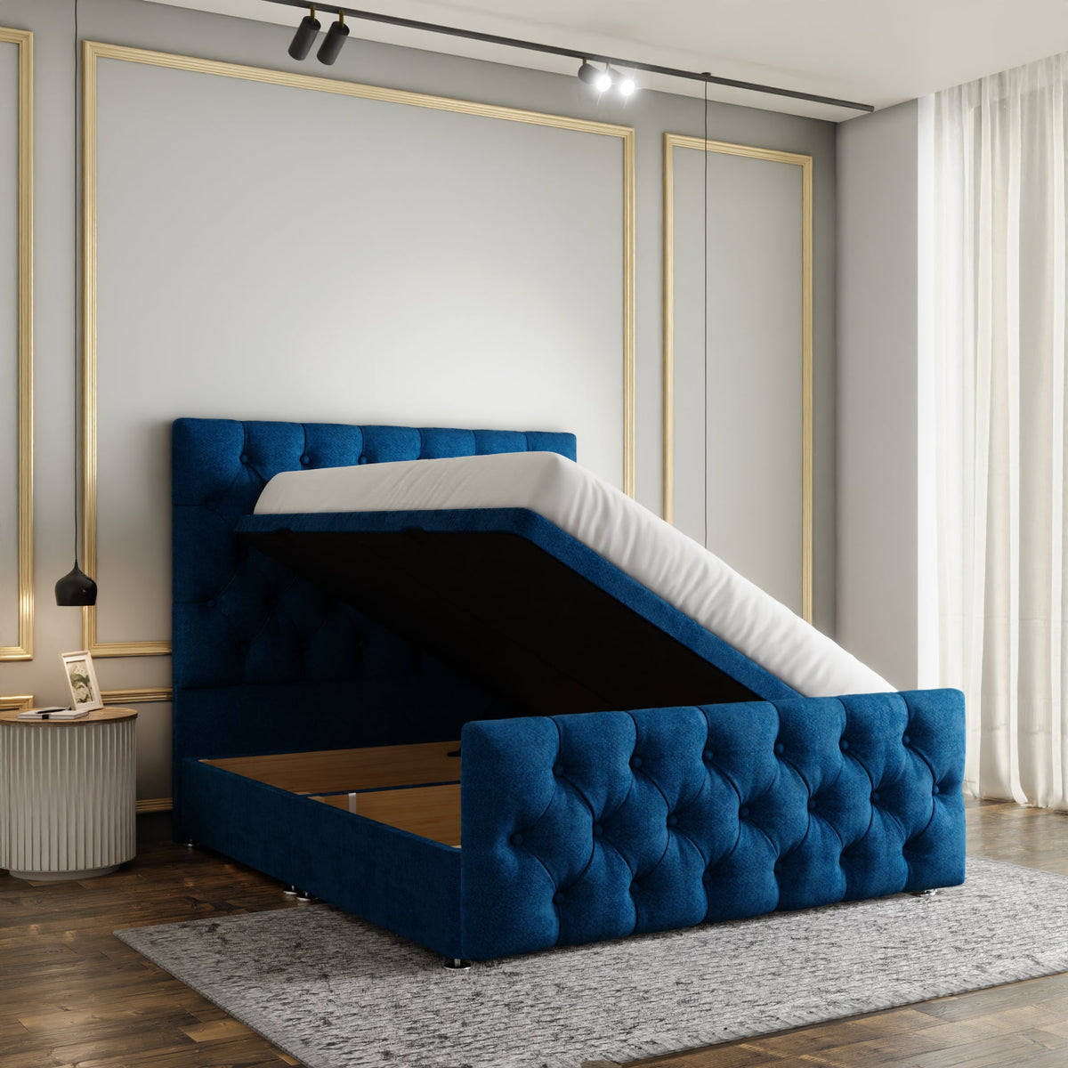 Lara Chesterfield Ottoman Storage Divan Bed Set With Footboard - Blue Naples