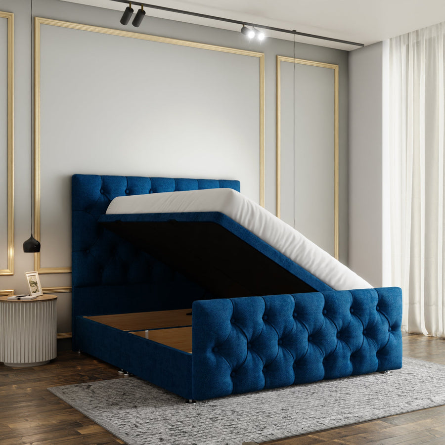 Lara Chesterfield Ottoman Storage Divan Bed Set With Footboard - Blue Naples