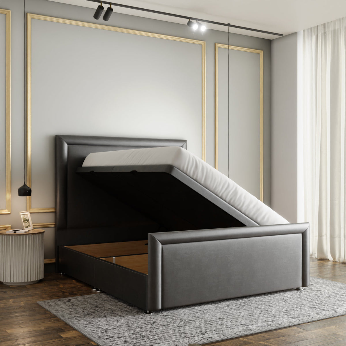 Ivy Bumper Border Ottoman Storage Divan Bed Set With Footboard - Grey Coniston