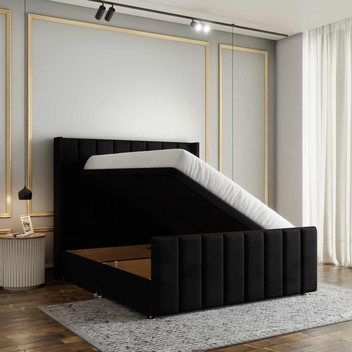 Amelia Lines Wingback Ottoman Storage Divan Bed Set With Footboard - Black Plush