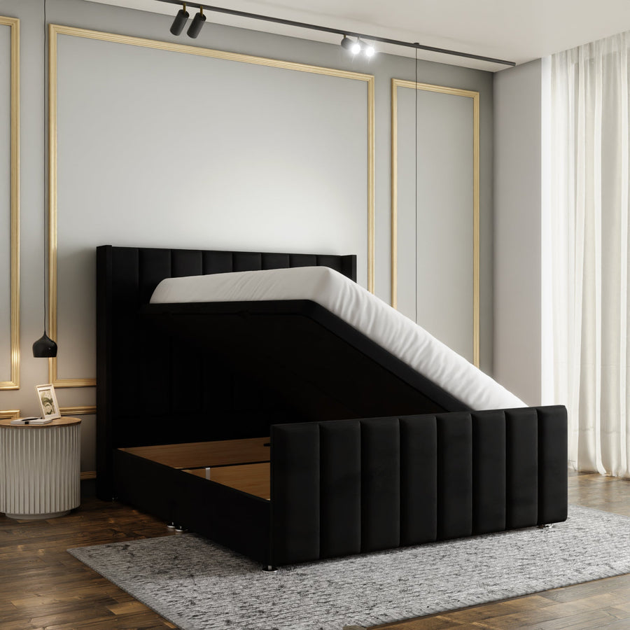 Amelia Lines Wingback Ottoman Storage Divan Bed Set With Footboard - Black Plush
