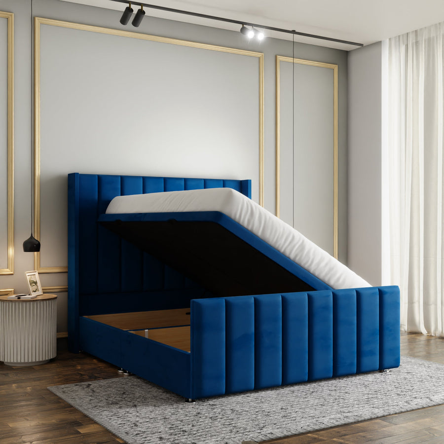 Amelia Lines Wingback Ottoman Storage Divan Bed Set With Footboard - Blue Plush
