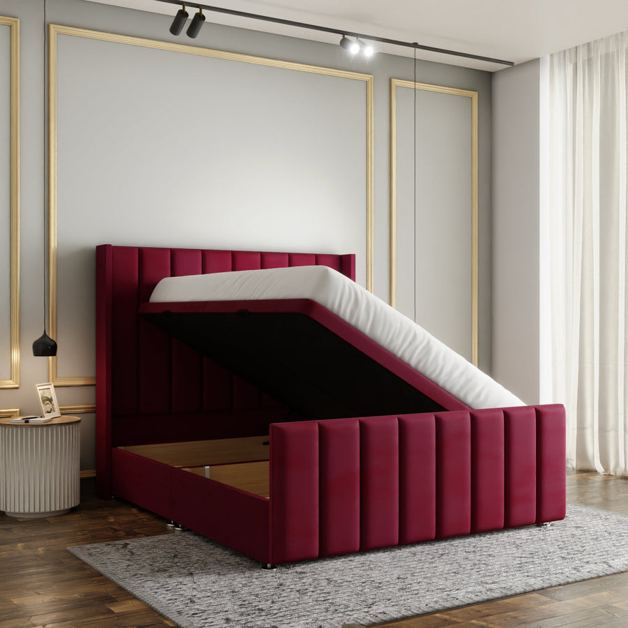 Amelia Lines Wingback Ottoman Storage Divan Bed Set With Footboard - Burgundy Plush