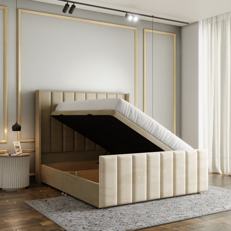 Amelia Lines Wingback Ottoman Storage Divan Bed Set With Footboard - Cream Plush