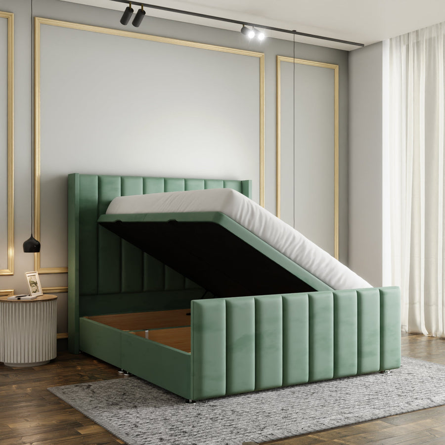 Amelia Lines Wingback Ottoman Storage Divan Bed Set With Footboard - Duck Egg Plush