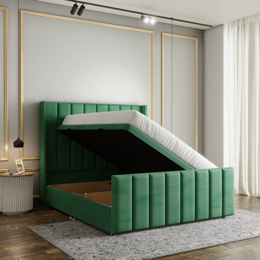 Amelia Lines Wingback Ottoman Storage Divan Bed Set With Footboard - Emerald Plush