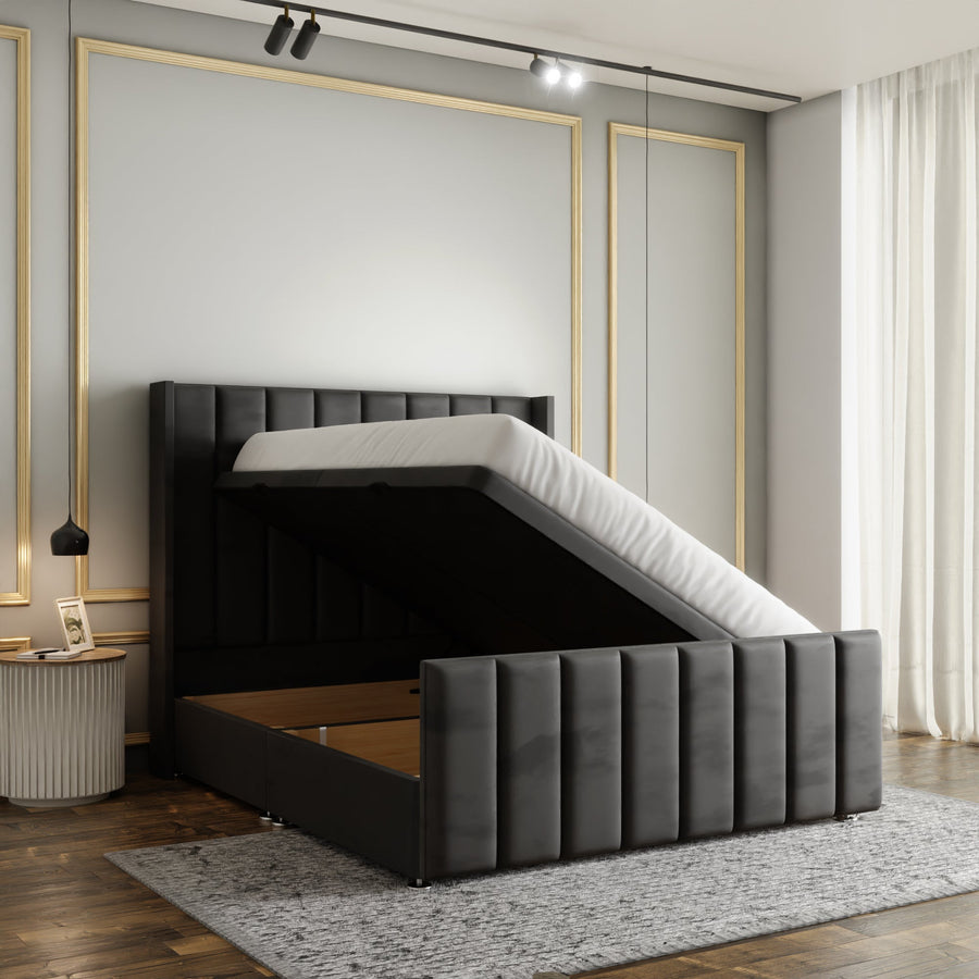 Amelia Lines Wingback Ottoman Storage Divan Bed Set With Footboard - Steel Grey Plush