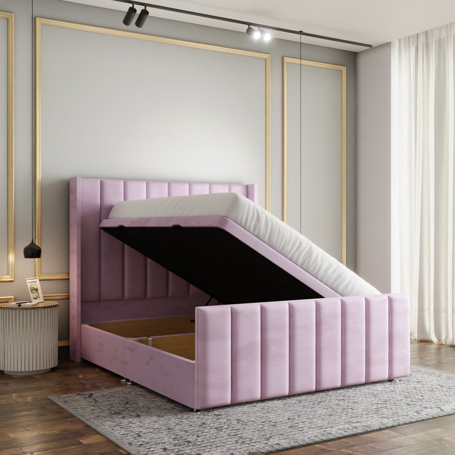 Amelia Lines Wingback Ottoman Storage Divan Bed Set With Footboard - Baby Pink Plush