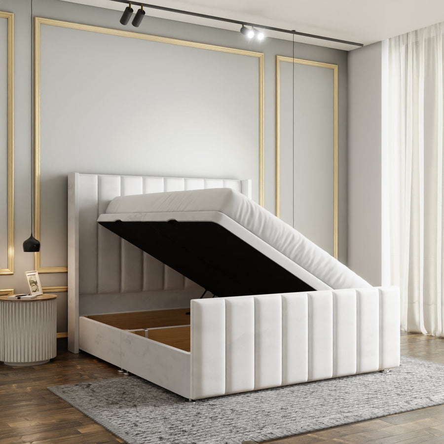 Amelia Lines Wingback Ottoman Storage Divan Bed Set With Footboard - White Plush