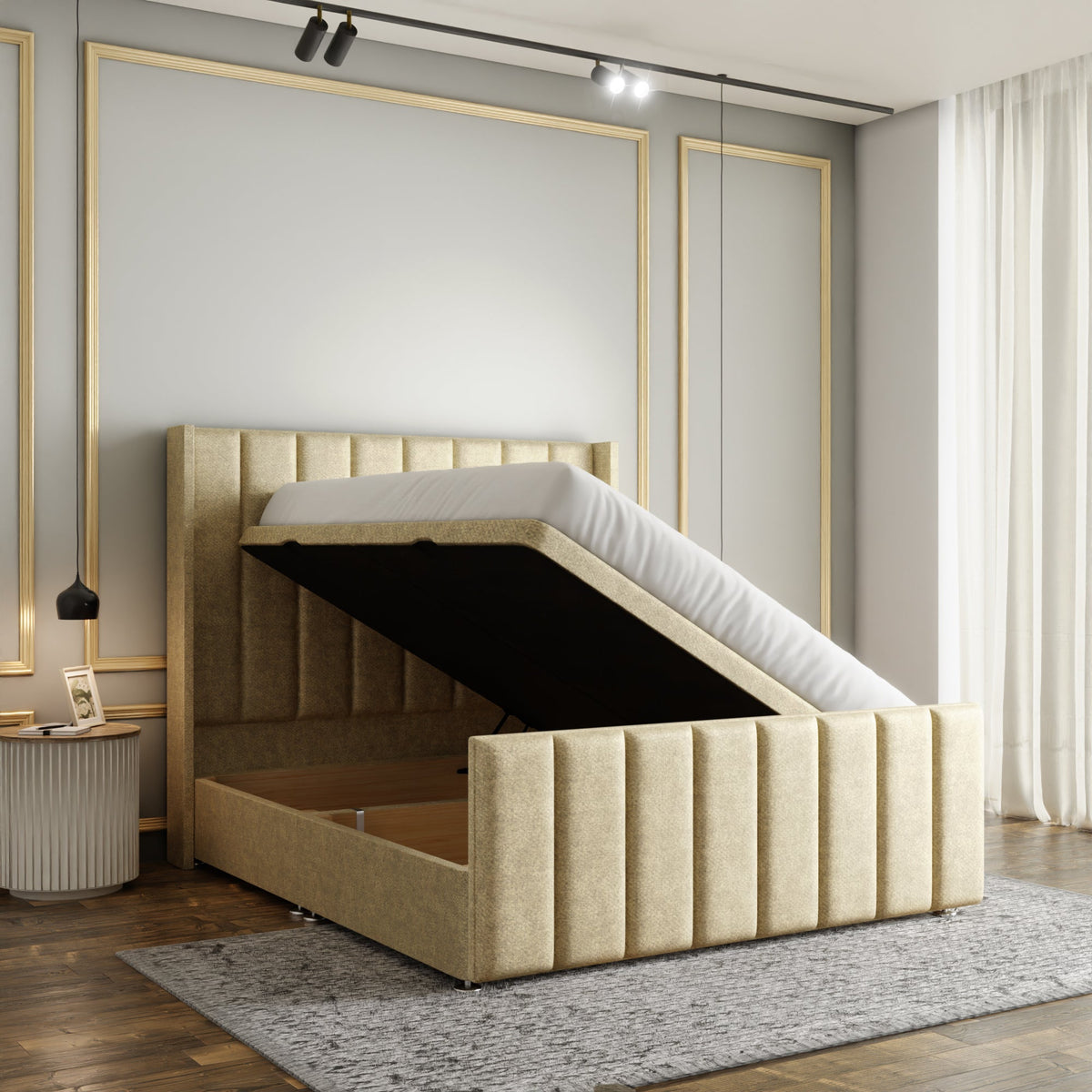 Amelia Lines Wingback Ottoman Storage Divan Bed Set With Footboard - Cream Naples