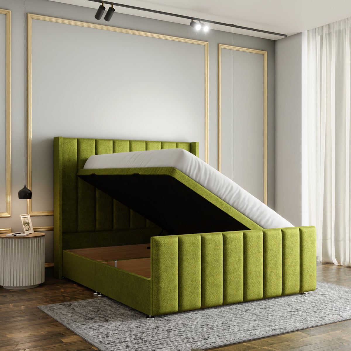 Amelia Lines Wingback Ottoman Storage Divan Bed Set With Footboard - Olive Green Naples