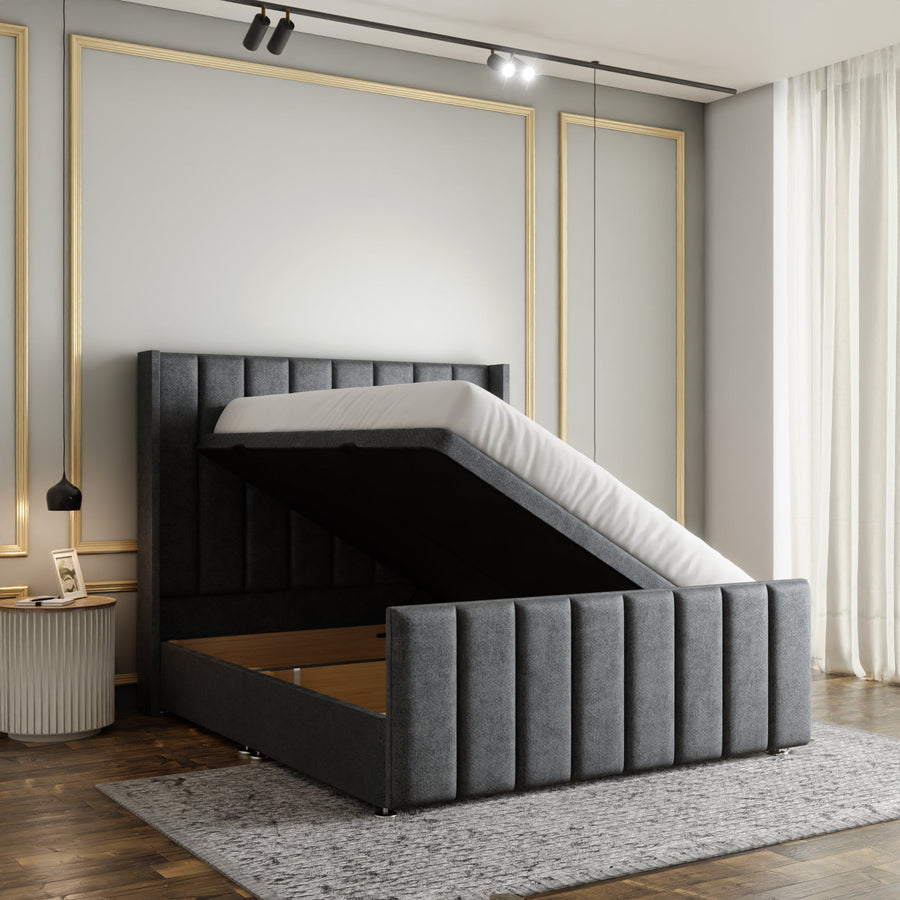 Amelia Lines Wingback Ottoman Storage Divan Bed Set With Footboard - Grey Naples