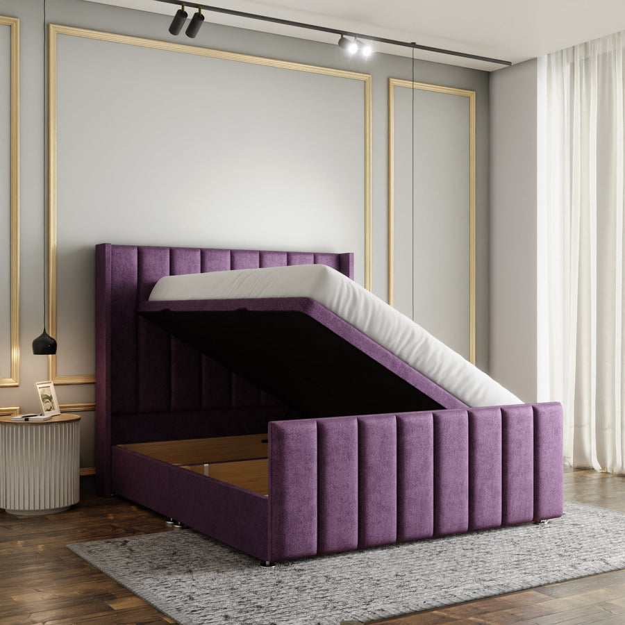 Amelia Lines Wingback Ottoman Storage Divan Bed Set With Footboard - Lilac Naples