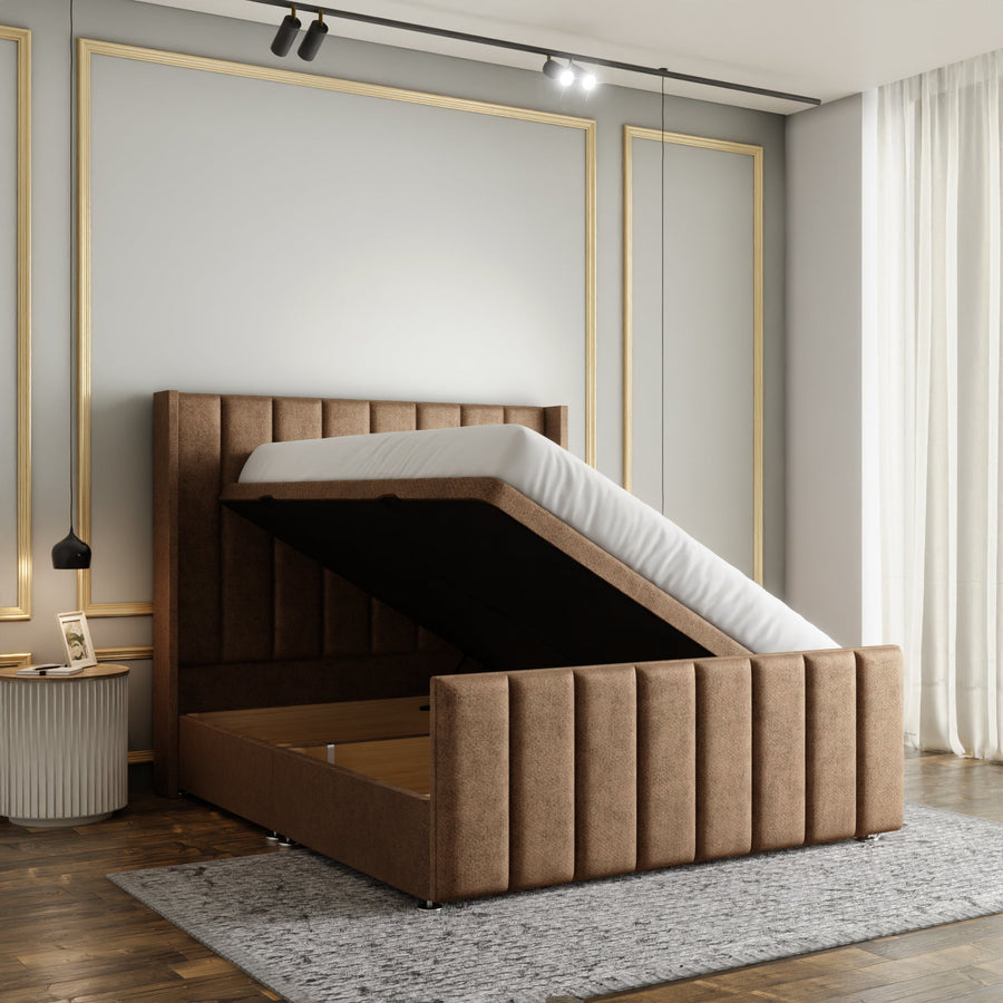 Amelia Lines Wingback Ottoman Storage Divan Bed Set With Footboard - Mink Beige Naples