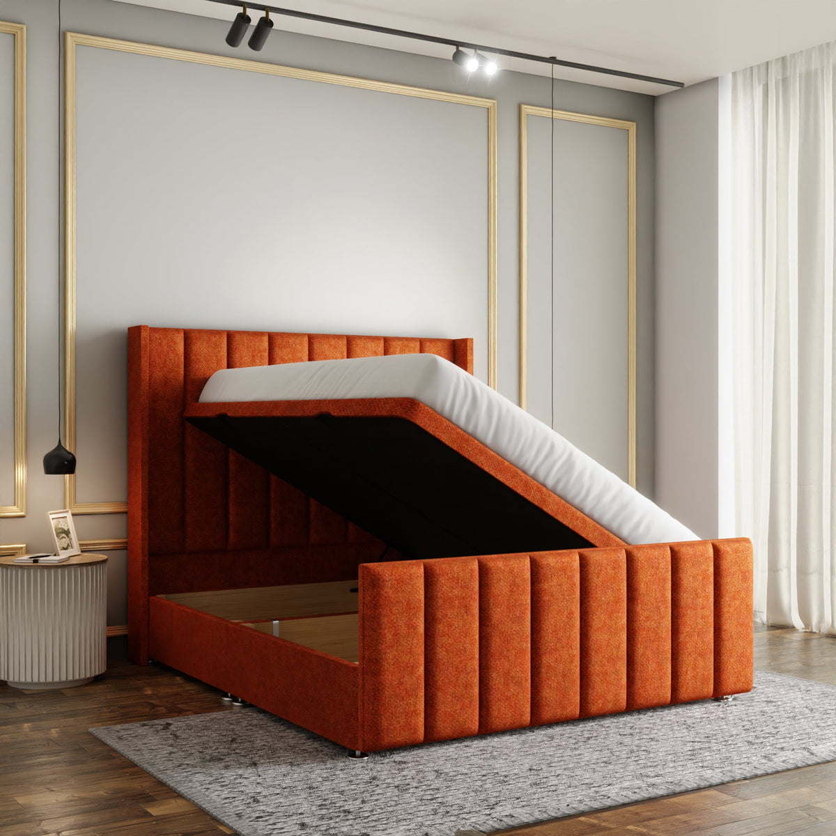Amelia Lines Wingback Ottoman Storage Divan Bed Set With Footboard - Orange Naples