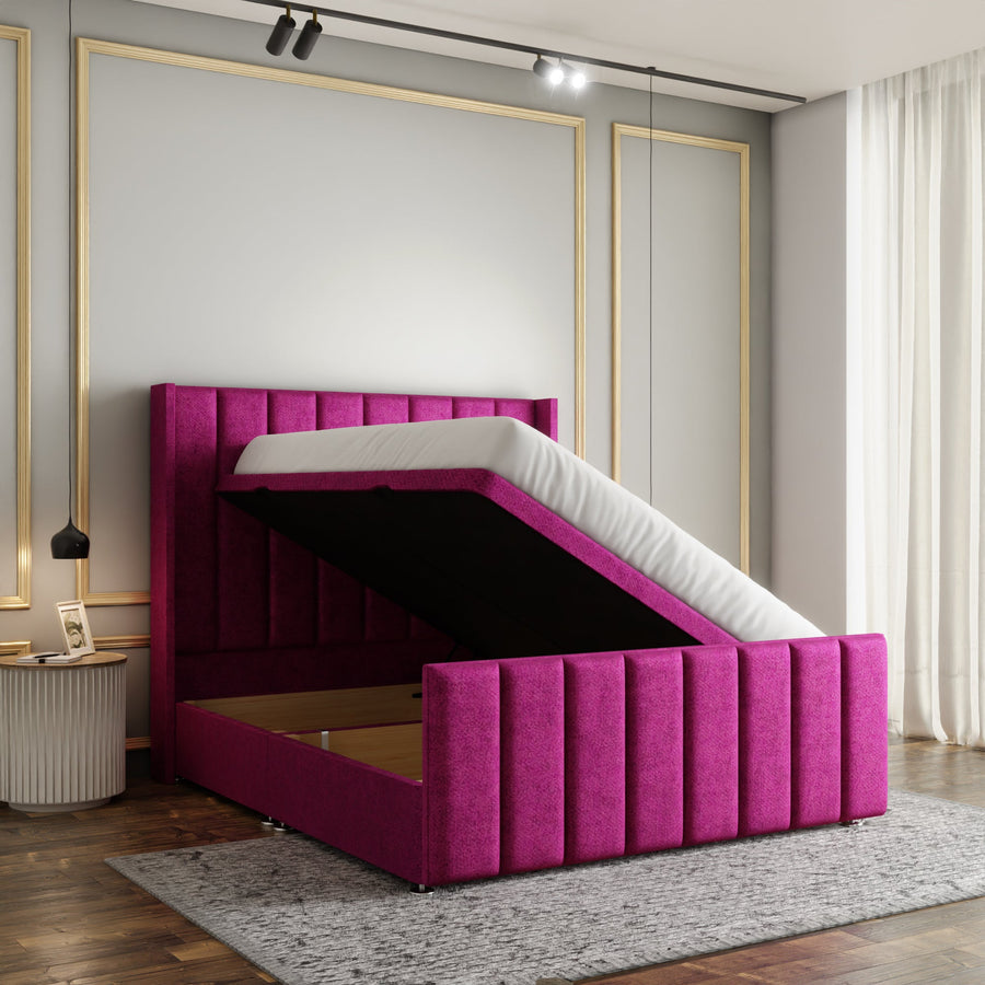 Amelia Lines Wingback Ottoman Storage Divan Bed Set With Footboard - Pink Naples