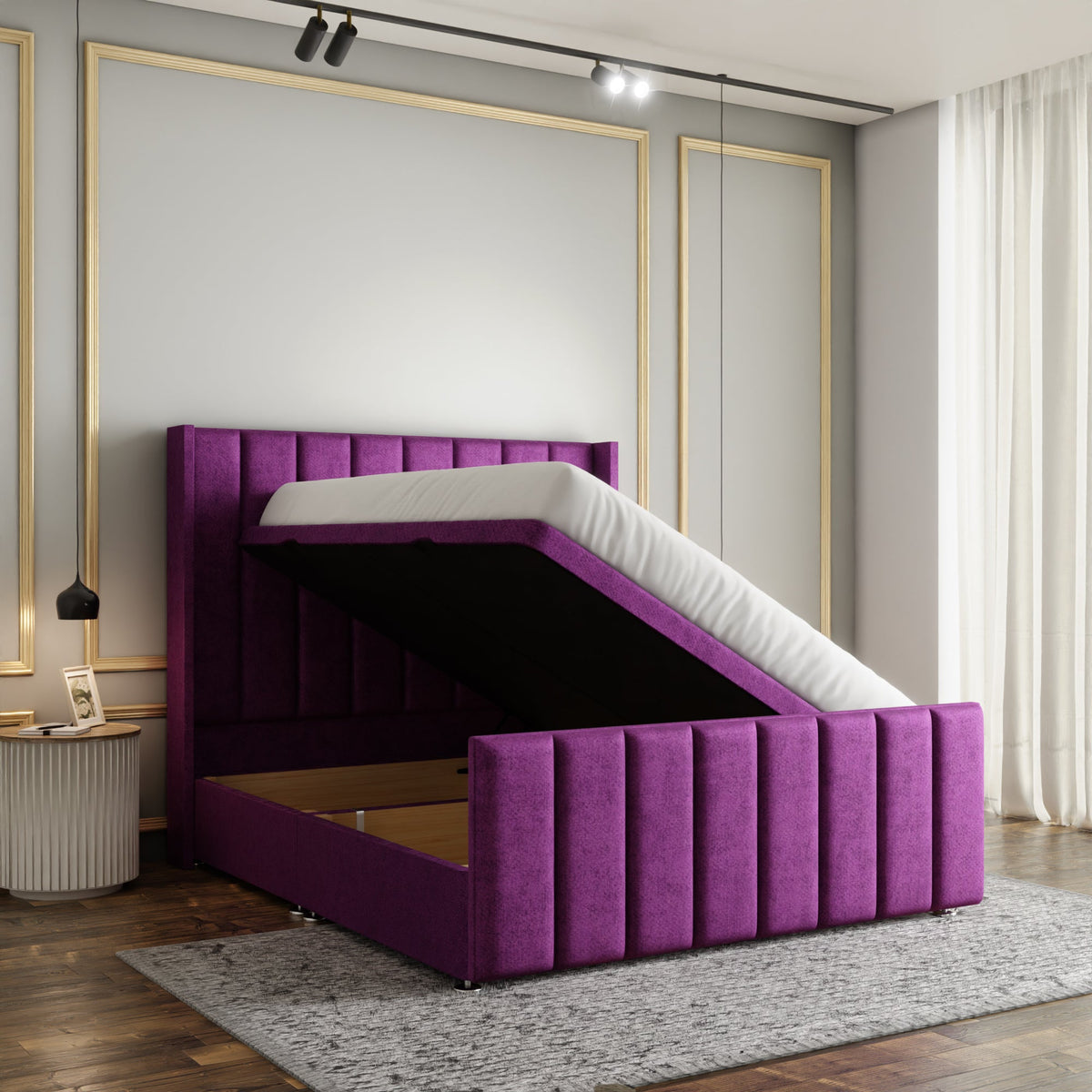 Amelia Lines Wingback Ottoman Storage Divan Bed Set With Footboard - Purple Naples