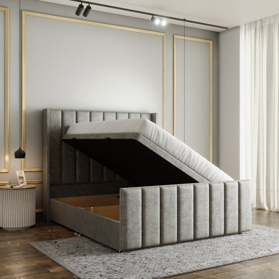 Amelia Lines Wingback Ottoman Storage Divan Bed Set With Footboard - Silver Naples