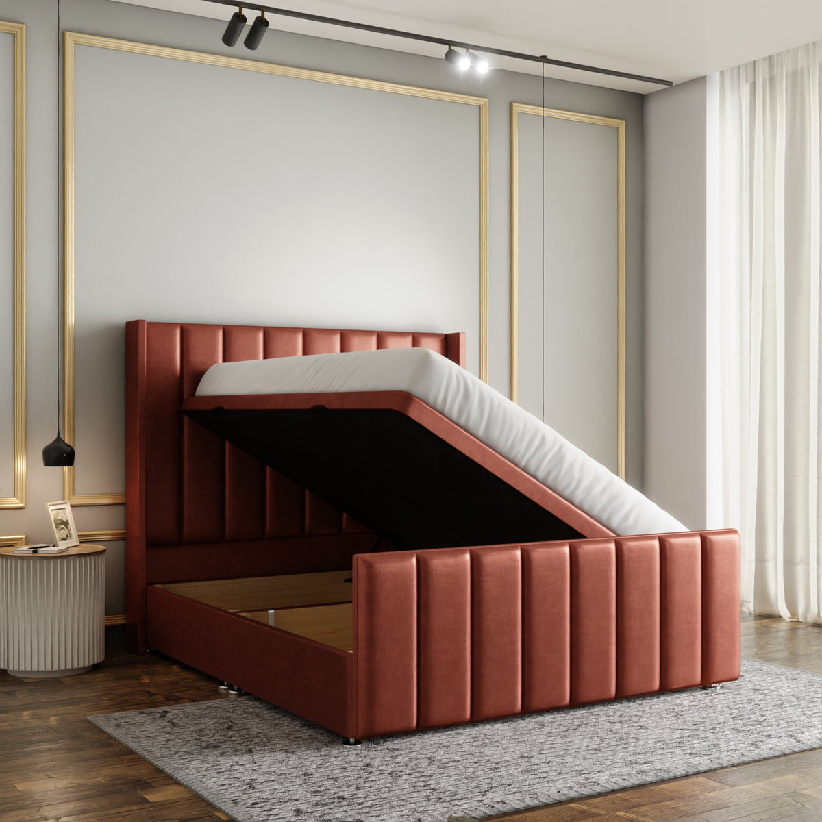 Amelia Lines Wingback Ottoman Storage Divan Bed Set With Footboard - Claret Coniston