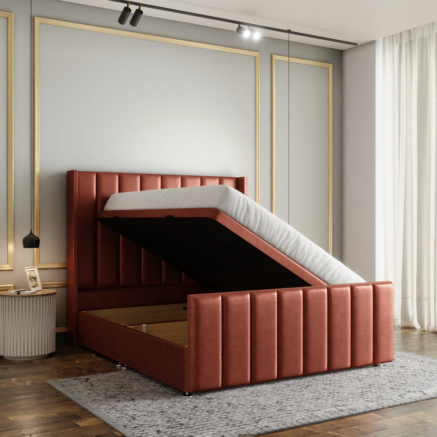 Amelia Lines Wingback Ottoman Storage Divan Bed Set With Footboard - Claret Coniston