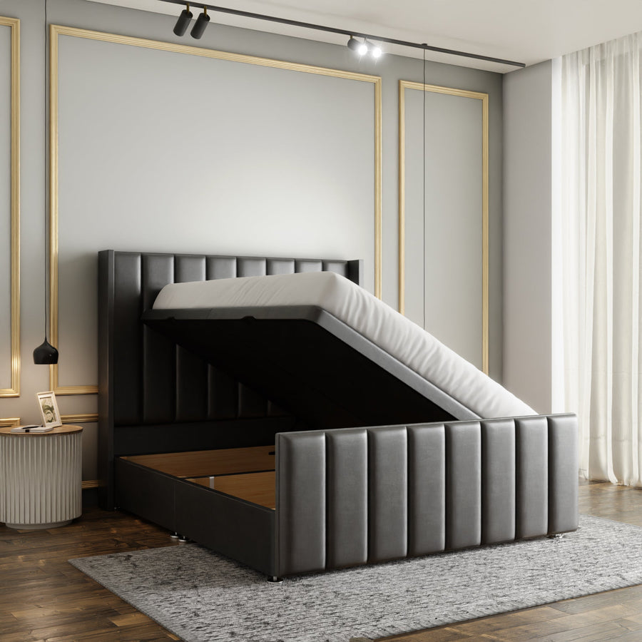 Amelia Lines Wingback Ottoman Storage Divan Bed Set With Footboard - Grey Coniston
