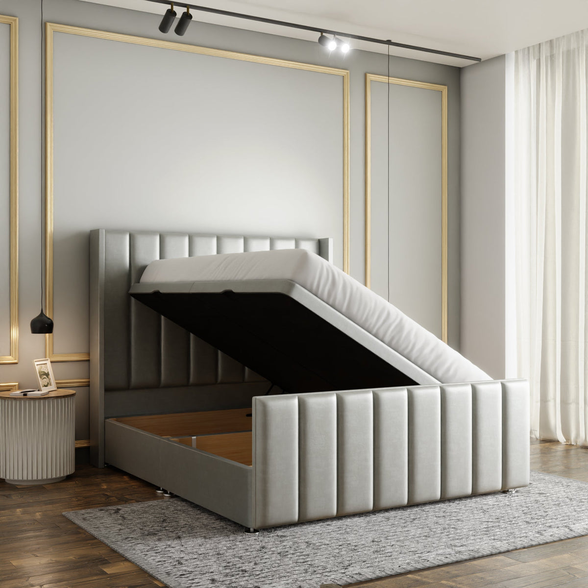 Amelia Lines Wingback Ottoman Storage Divan Bed Set With Footboard - Silver Coniston