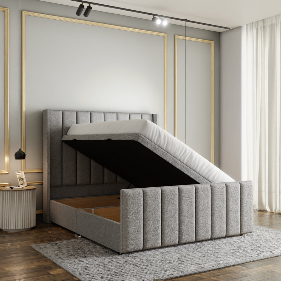 Amelia Lines Wingback Ottoman Storage Divan Bed Set With Footboard - Silver Teddy
