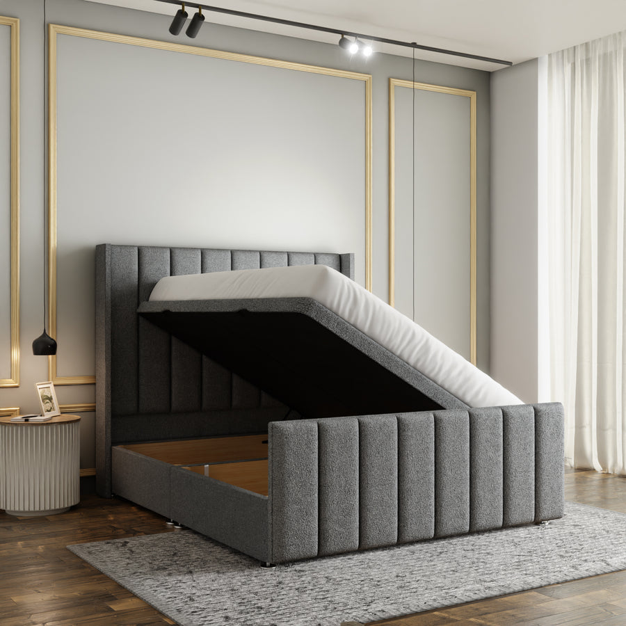 Amelia Lines Wingback Ottoman Storage Divan Bed Set With Footboard - Grey Teddy