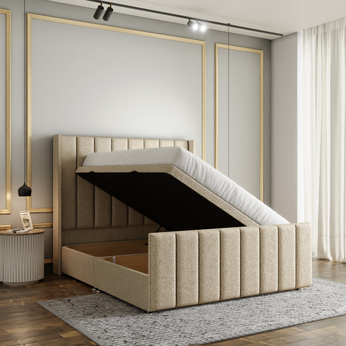 Amelia Lines Wingback Ottoman Storage Divan Bed Set With Footboard - Cream Teddy