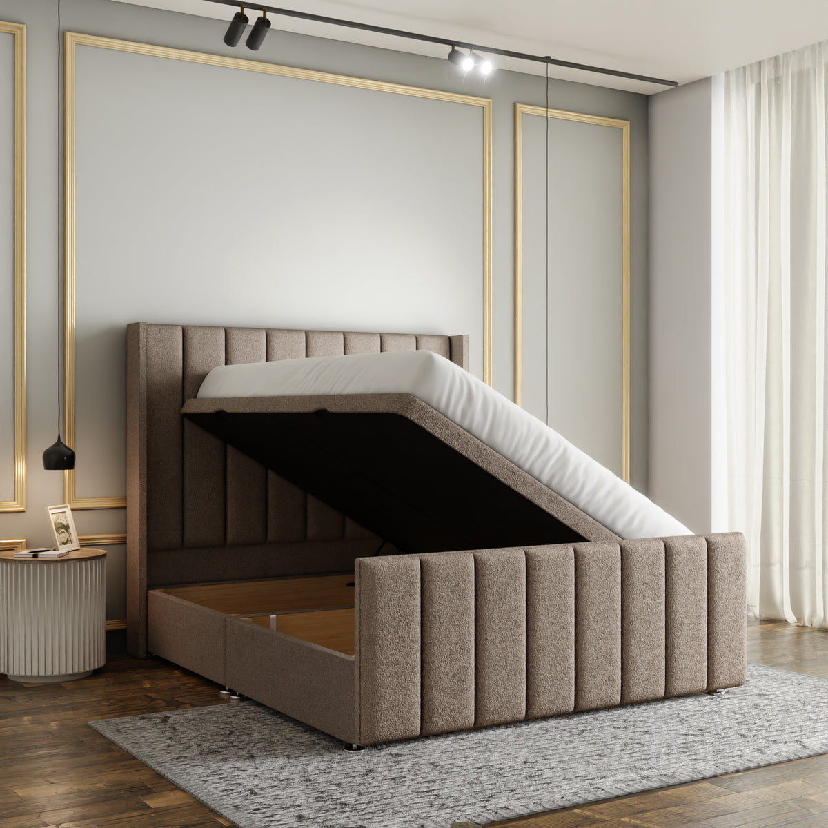 Amelia Lines Wingback Ottoman Storage Divan Bed Set With Footboard - Mink Teddy