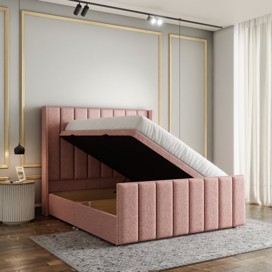 Amelia Lines Wingback Ottoman Storage Divan Bed Set With Footboard - Baby Pink Teddy