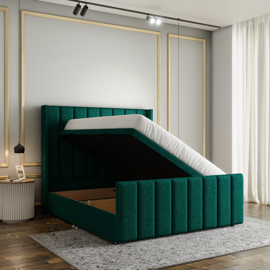Amelia Lines Wingback Ottoman Storage Divan Bed Set With Footboard - Emerald Teddy