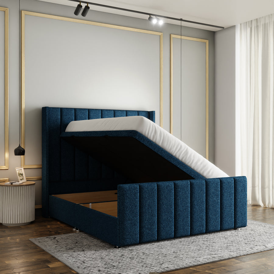 Amelia Lines Wingback Ottoman Storage Divan Bed Set With Footboard - Blue Teddy